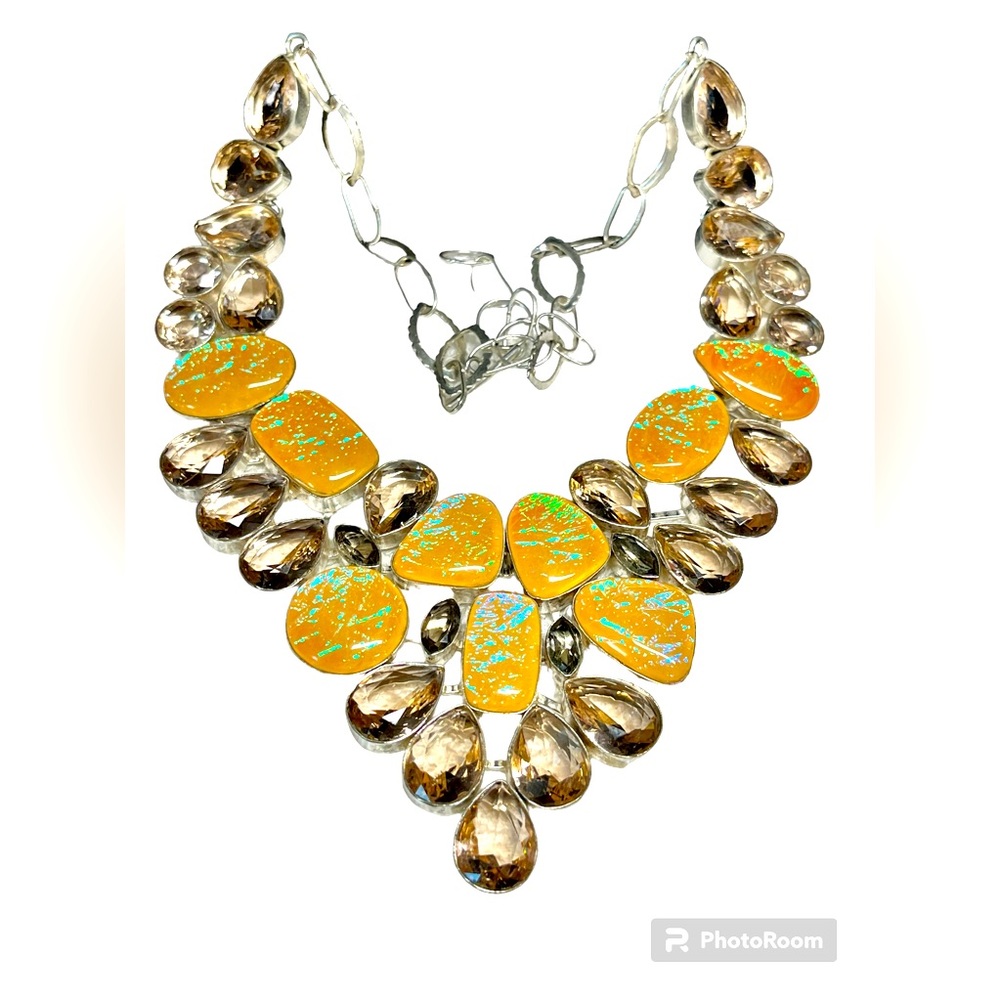 Statement necklace -artisan handmade links 925 morganite and “opal triplets”